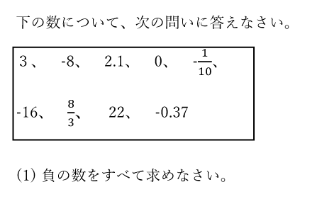 下の数について、次の問いに答えなさい。３、-8、2.1、0、-1/10、-16、8/3、22、-0.37　(1)	負の数をすべて求めなさい。