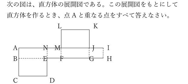 次の図は、直方体の展開図である。この展開図をもとにして直方体を作るとき、点Aと重なる点をすべて答えなさい。